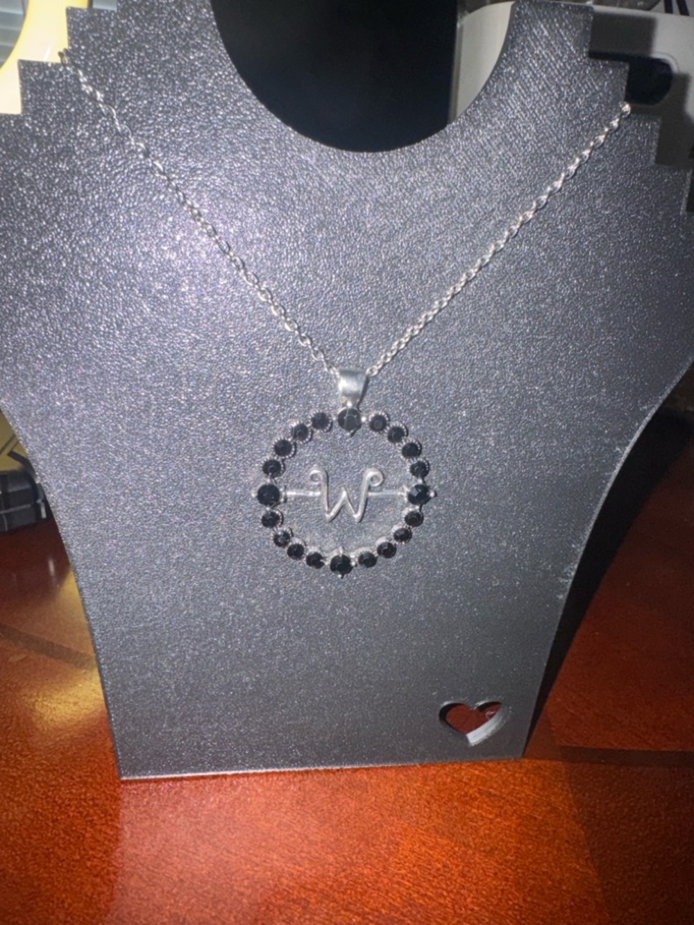 Silver Initial 'W' Necklace with Black Crystal Circle